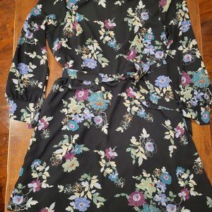LOFT Plus | Black Multicolored Floral Dress with Fabric Belt, Sz. 18